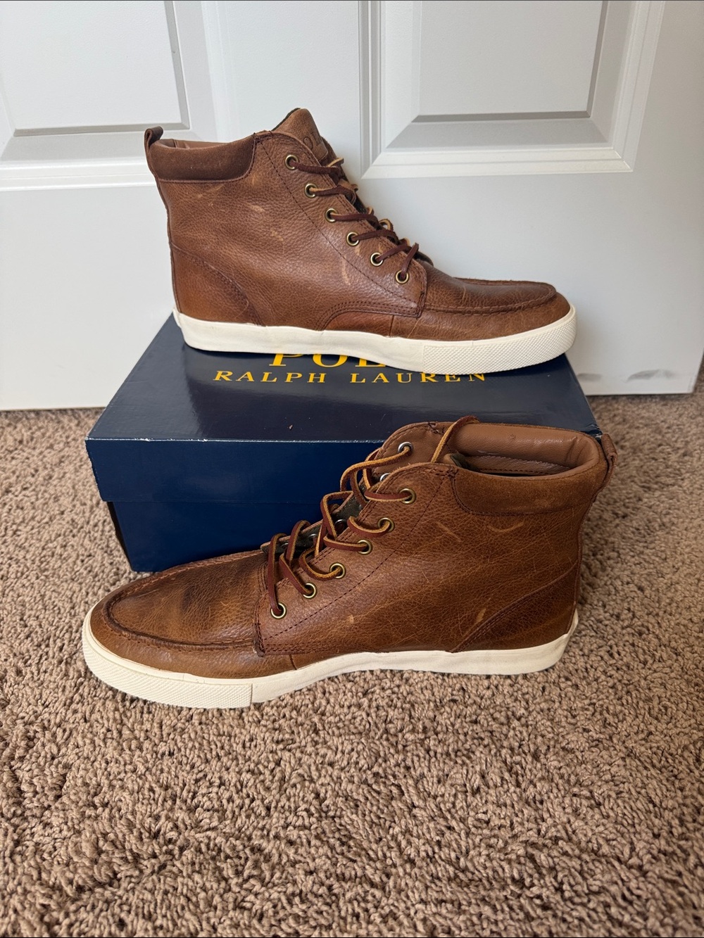 Polo by Ralph Lauren Tedd Brown Leather High-Tops with Cream Sole NEVER WORN - Picture 4 of 11